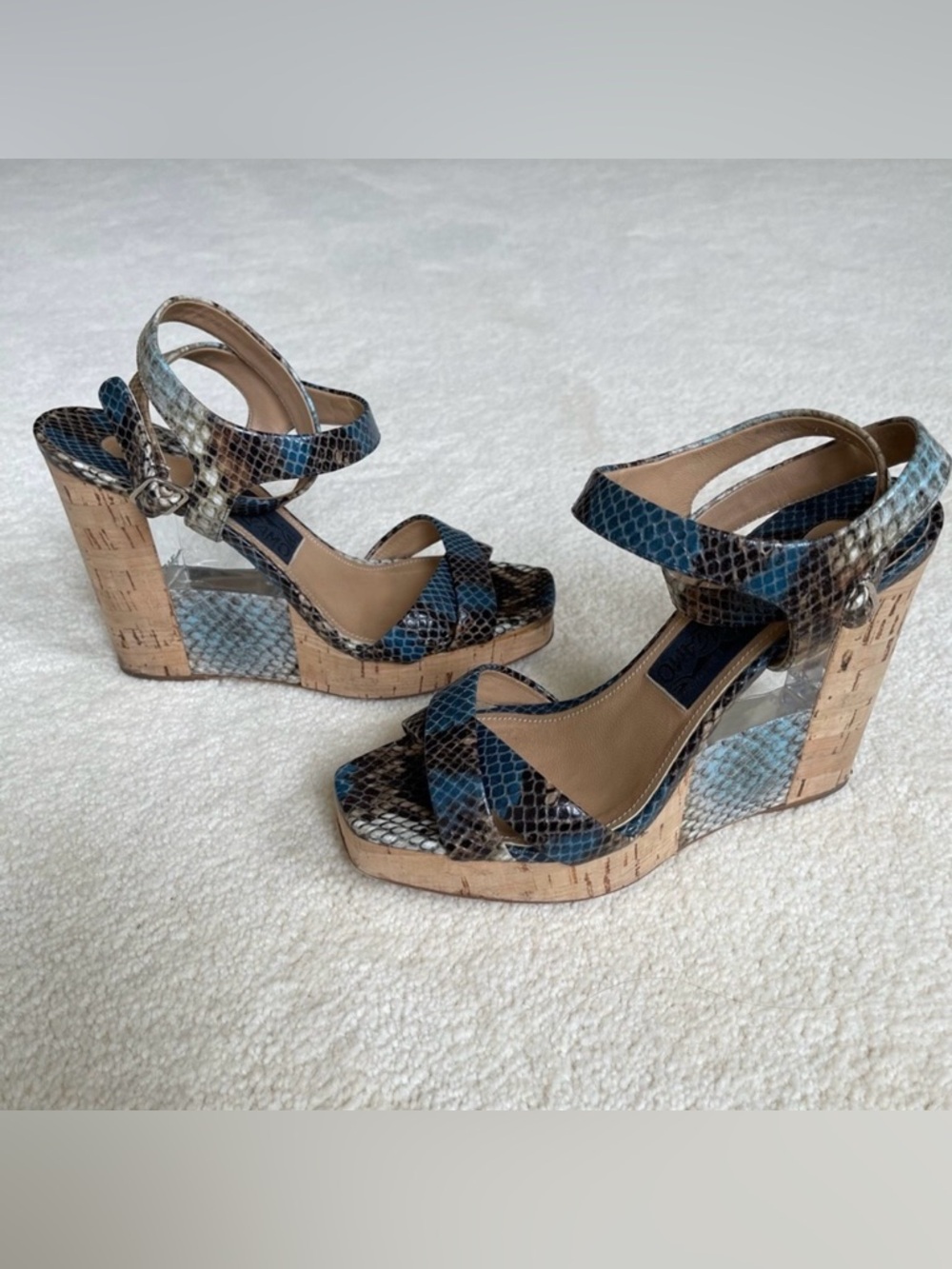 Salvatore Ferragamo Leather Wedge Sandal Blue Python Made In Italy Size 6.5 - Picture 10 of 11